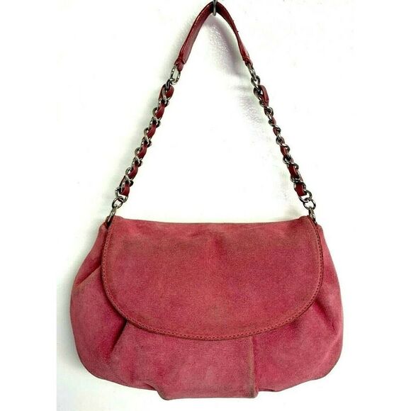 Ann Taylor DUST PINK GENUINE LEATHER SUEDE CHAIN STRAP SHOULDER BAG HANDBAG BOHO - Picture 1 of 11